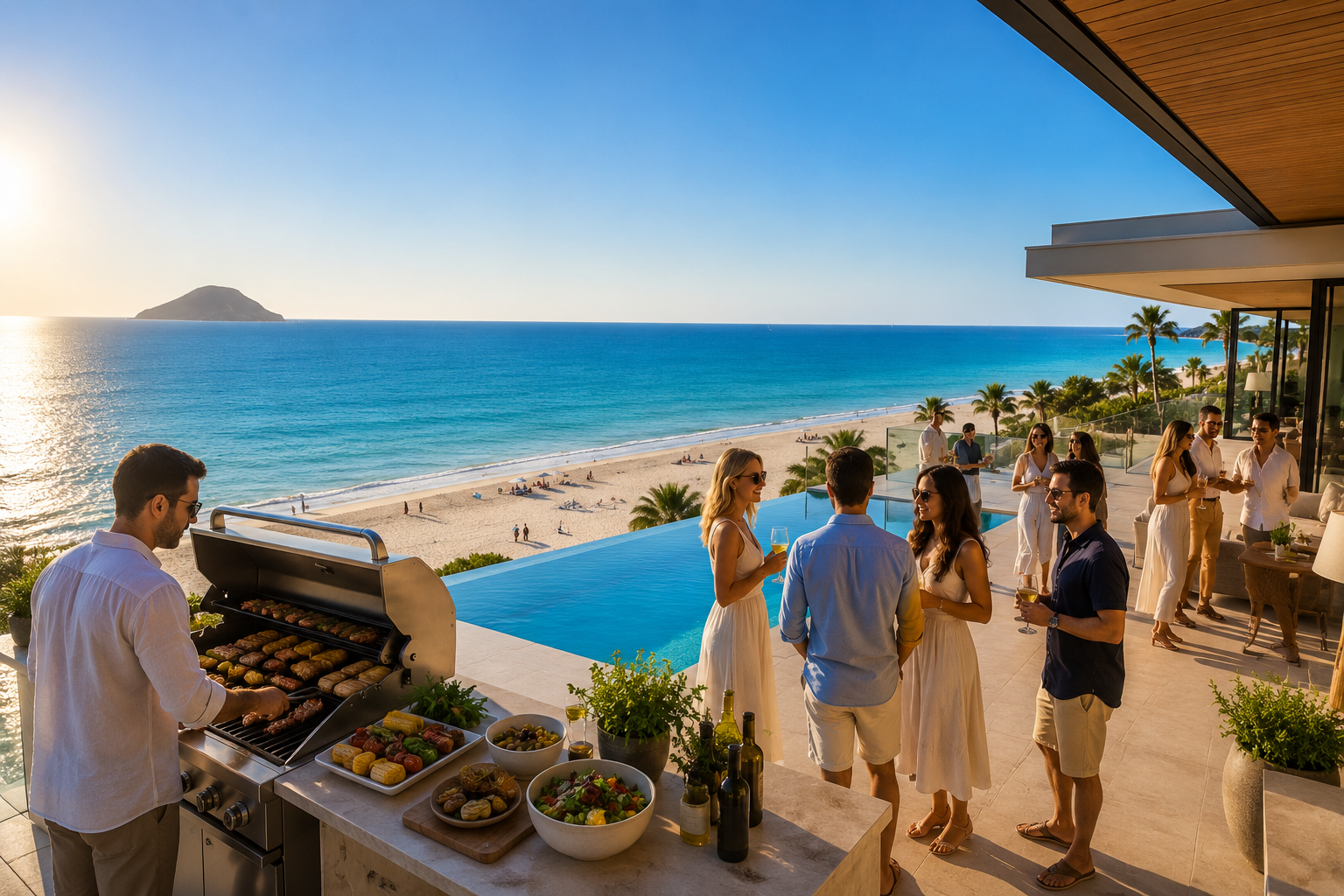 Luxury villa terrace overlooking the Mediterranean with friends enjoying a barbecue